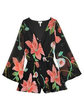 LEITH NORDSTROM CHIFFON BLACK FLORAL ROMPER BELL SLEEVE ROMANTIC BLOOMCORE SMALL